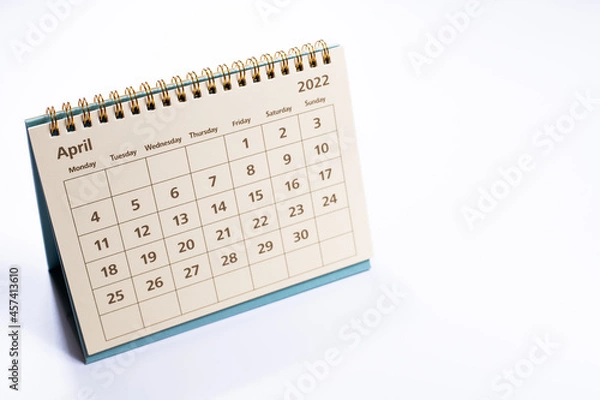Fototapeta April 2022 calendar: month page on white background isolated