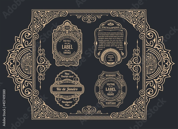 Obraz Vintage set retro cards. Template greeting card wedding invitation. Line calligraphic frames