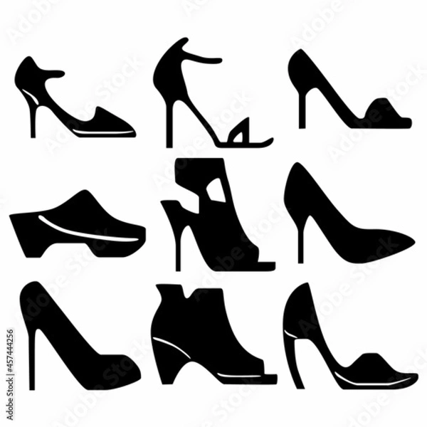 Fototapeta A set of nine silhouettes of women's shoes for games, websites, design and more.