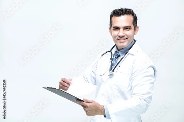 Fototapeta Portrait of cheerful smiling man doctor with stethoscope holding document folder on white background.