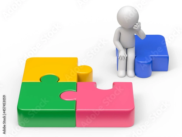Fototapeta 3d man sitting on a puzzle piece thinking about a solution for his problem.