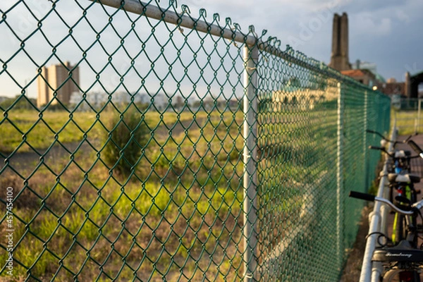 Obraz Closeup of chain link fence, long perspective view past bikes and field towards buildings in the distance.