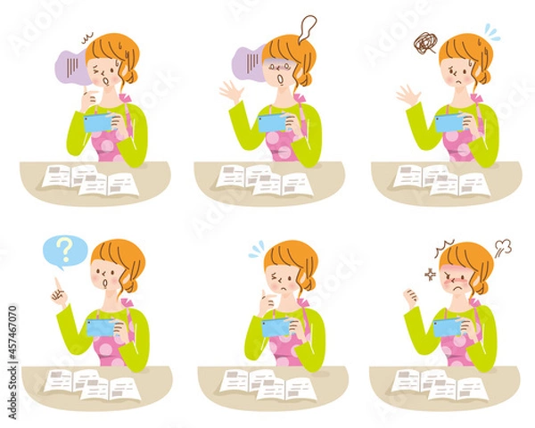 Fototapeta スマホを操作する若い女性　ネガティブな表情セット