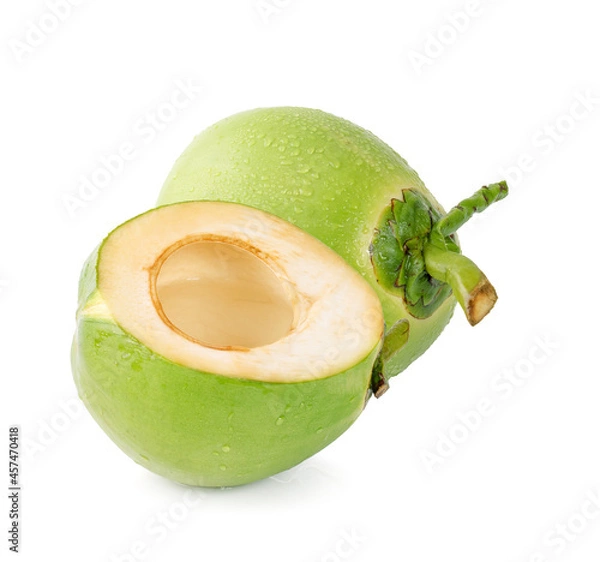 Fototapeta water drop green coconut isolated on white background
