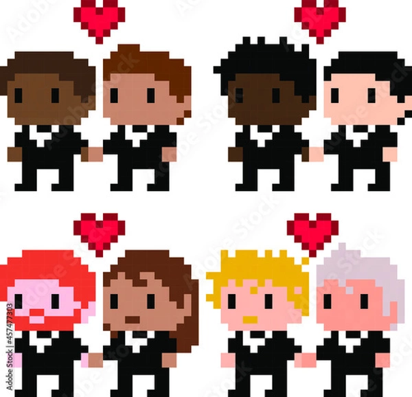 Fototapeta Pixel couples of diverse men in love getting married - vector, isolated
