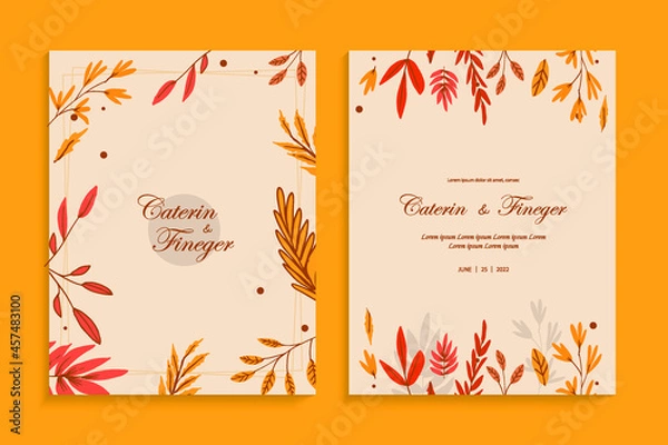 Fototapeta Autum vintage style beautiful line art floral wedding card invitation