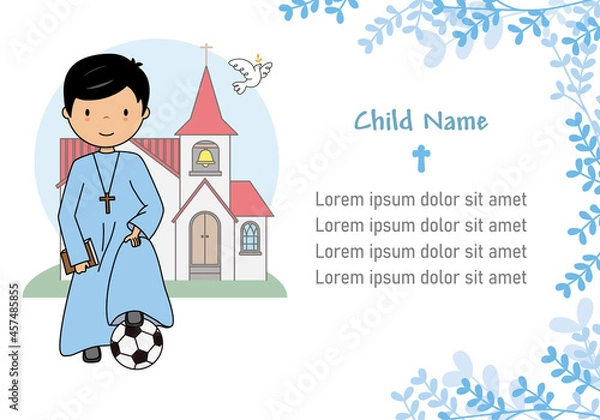 Obraz My first communion card.. Boy with soccer ball in front of church
