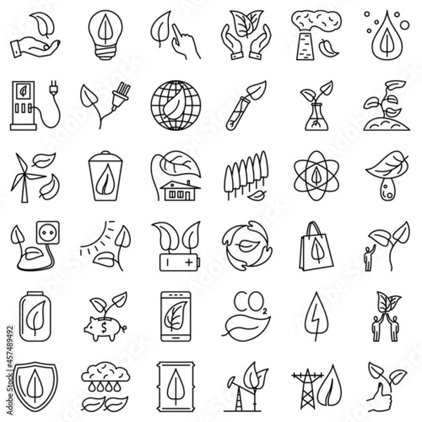Fototapeta Green energy, environmental sustainability, renewable energy sources. Pollution of nature, ecological problems. A set of vector icons, offline, isolated, 48x48 pixel.
