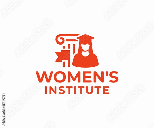 Fototapeta Student with graduation cap logo design. Study, education, learning on school and university vector design. Woman university graduate, college campus with columns of university logotype
