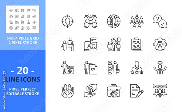 Fototapeta Line icons about headhunting. Business concept. Pixel perfect 64x64 and editable stroke