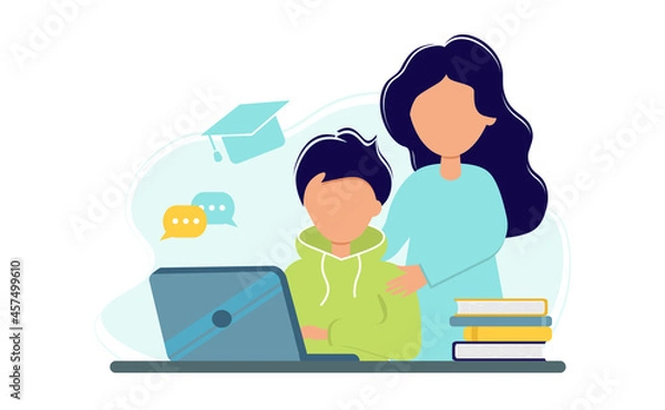 Obraz Online education during the coronavirus outbreak concept. The boy is studying on a laptop with his mother. The family stays at home. Illustration in a flat style. Self-isolation.