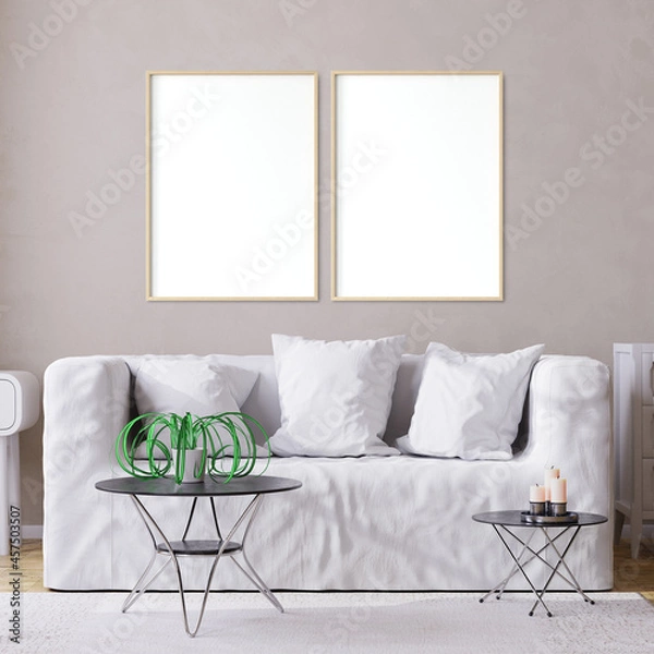Fototapeta Mockup poster in modern living room white interior background, 3D illustration. 3D render.