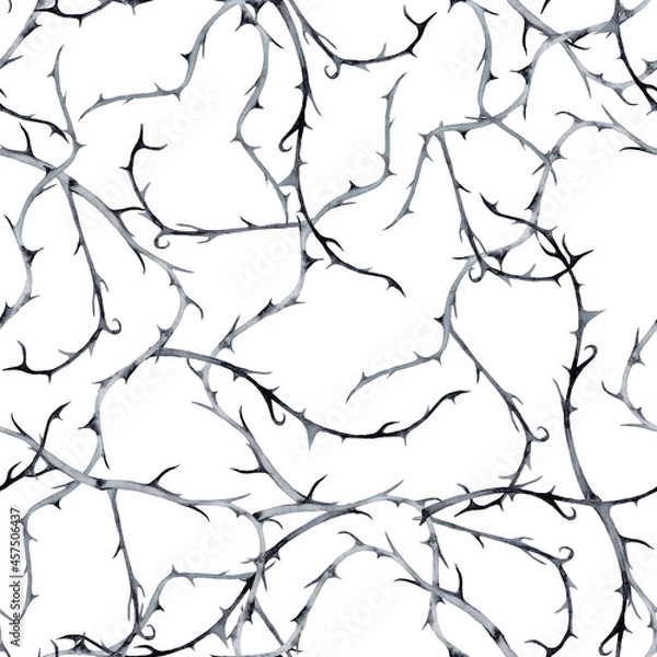 Fototapeta Halloween decorative seamless pattern of unreal prickly  spooky branches. Watercolor hand painted isolated elements on white background.