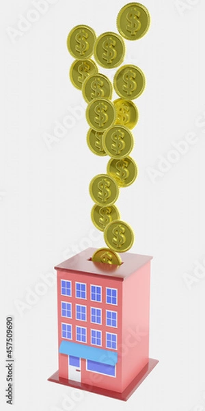 Fototapeta 3D render saving store. Saving money store. Store business. money invest. Building invest. money income.coin stack.