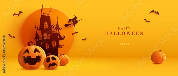 Fototapeta 3D illustration of Halloween theme banner with group of Jack O Lantern pumpkin and paper graphic style of castle on background. 
