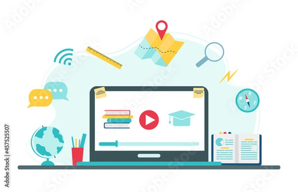 Obraz Online education concept. Geography school subject online education service or platform. Vector illustration in flat style