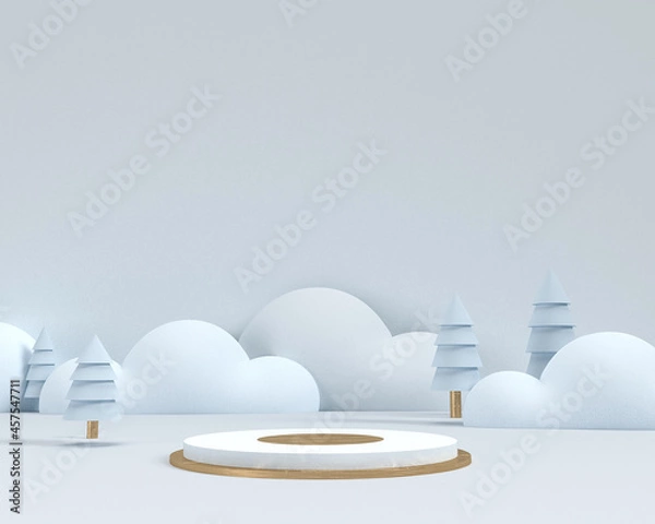 Fototapeta 3D render of Winter season Christmas landscape with pedestal podium, Abstract minimal display empty space. Geometry podium for products or showcase.