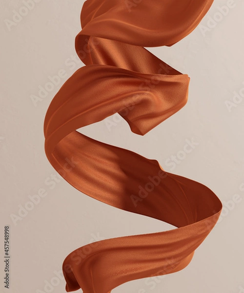 Fototapeta Flying fabric design element in empty room, floating piece of cloth cinnamon color. 3d rendering sienna smooth spiral flowing scarf fashion banner
