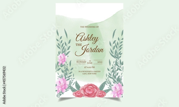 Obraz Watercolor invitation card design with beautiful flowers and leaves. 