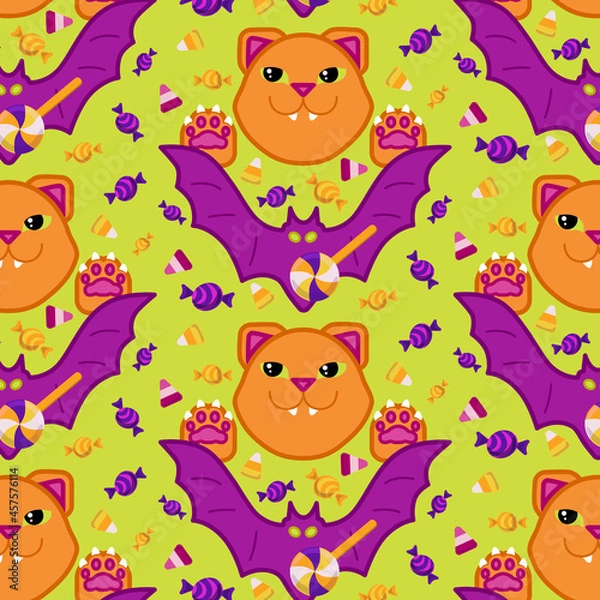 Obraz Vector seamless pattern with cartoon cat, bat and Halloween candy set. Pink, light green, purple, orange. Suitable for textiles, wrapping paper, tissue, background, souvenirs.
