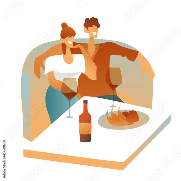 Fototapeta A young couple, a man and a woman, are sitting on an abstract sofa at a table on a white background. Fresh fruit on a plate and drinks in glasses. Newlyweds hug and pose for photos, stylish outfits.