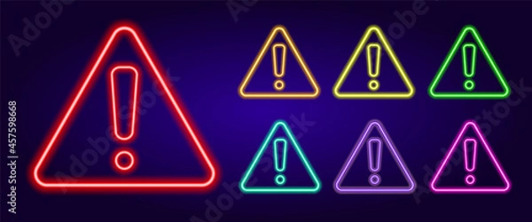 Fototapeta neon exclamation mark in a triangle. A set of attention signs of different colors is an exclamation mark in a triangular shape . isolated multicolored collection of glowing bug icons