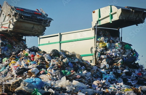 Fototapeta Garbage truck unloading at the dump
