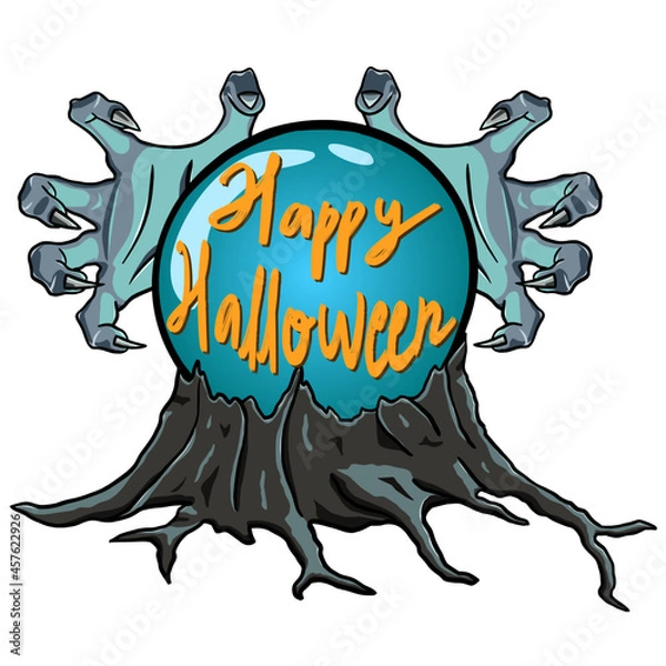 Fototapeta Vector illustration of Happy Halloween with hands, crystal ball, and creepy wood.