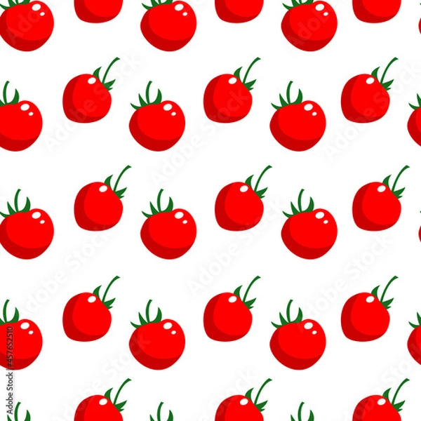Obraz Vector seamless pattern: ripe, red, appetizing small fresh tomatoes and green leaves. Design with vegetables or natural ingredirnts for cooking. For textile, wall decor, wrapping paper.  
