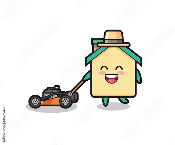 Fototapeta illustration of the house character using lawn mower