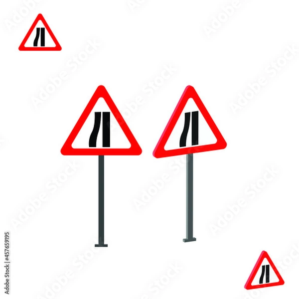 Fototapeta Road Narrows On The left traffic sign with 3d view. traffic signs and rules