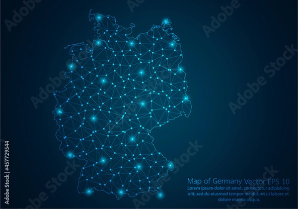 Fototapeta Abstract mash line and point scales on dark background with map of Germany.3D mesh polygonal network line, design sphere, dot and structure. Vector illustration eps 10.