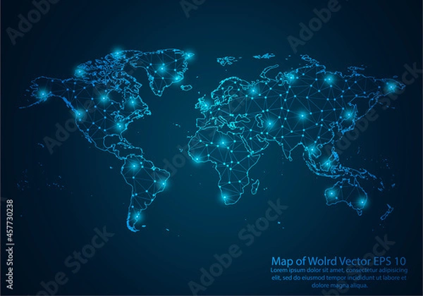 Fototapeta Abstract mash line and point scales on dark background with map of wolrd.3D mesh polygonal network line, design sphere, dot and structure. Vector illustration eps 10.