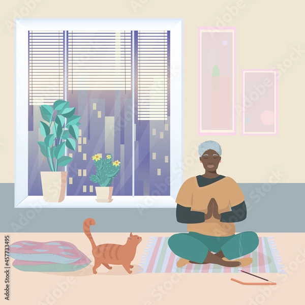 Fototapeta An elderly African-American woman meditates at home against the background of a large window. Evening meditation. Concentration of attention, calmness and relaxation at any age. Vector illustration