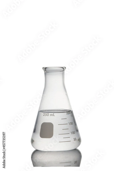 Fototapeta Erlenmeyer flask glassware with water and reflection isolated on white background with clipping path