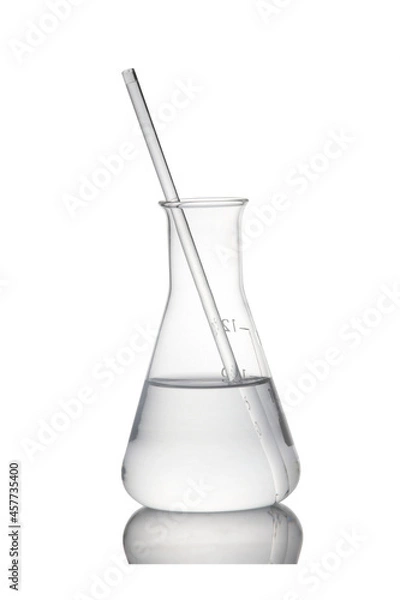 Fototapeta Erlenmeyer flask glassware with water and reflection isolated on white background with clipping path