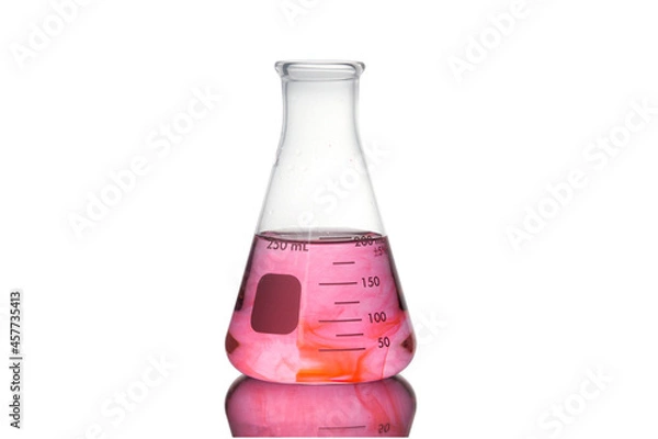 Fototapeta Laboratory equipment, Erlenmeyer Flask filled by pink liquid with reflection isolated on white background with clipping path.