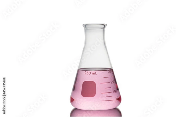 Fototapeta Laboratory equipment, Erlenmeyer Flask filled by pink liquid with reflection isolated on white background with clipping path.