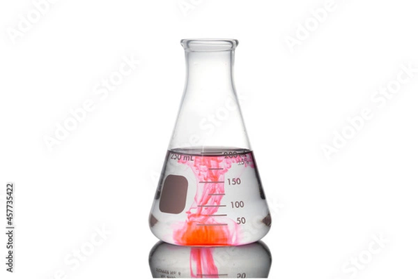 Fototapeta Laboratory equipment, Erlenmeyer Flask filled by pink liquid with reflection isolated on white background with clipping path.