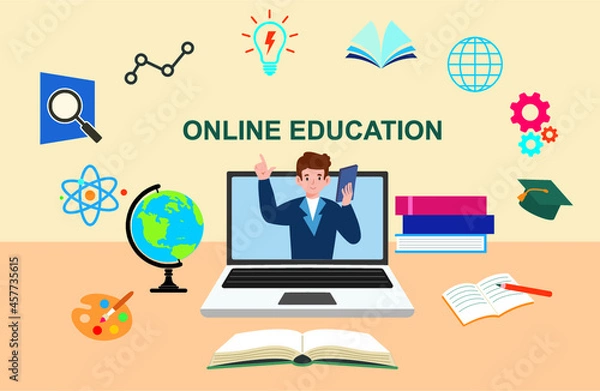 Obraz E-learning, online education, online course concept, home school, woman teacher teaching students on laptop computer screen, distance learning, new normal