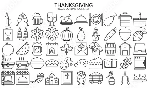 Fototapeta Thanksgiving day outline vector icon set. Collection of holiday traditional elements, thin outline symbols. Used for modern concepts, web, UI, UX kit  and applications. EPS 10 ready to convert to SVG