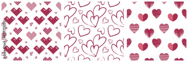 Fototapeta Collection of red and pink hearts seamless pattern transparent on a white background