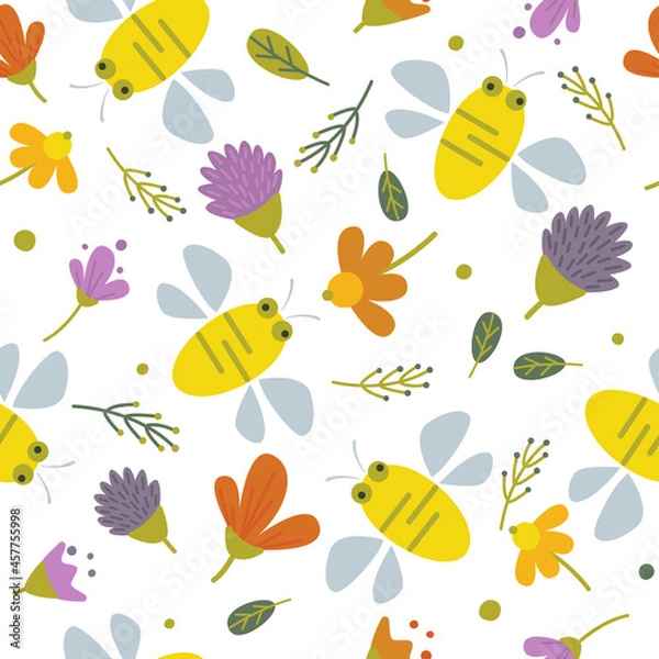 Obraz Bees fly around clovers and flowers. Floral pattern.