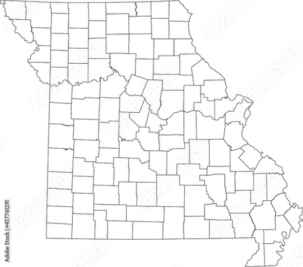 Fototapeta White blank vector map of the Federal State of Missouri, USA with black borders of its counties