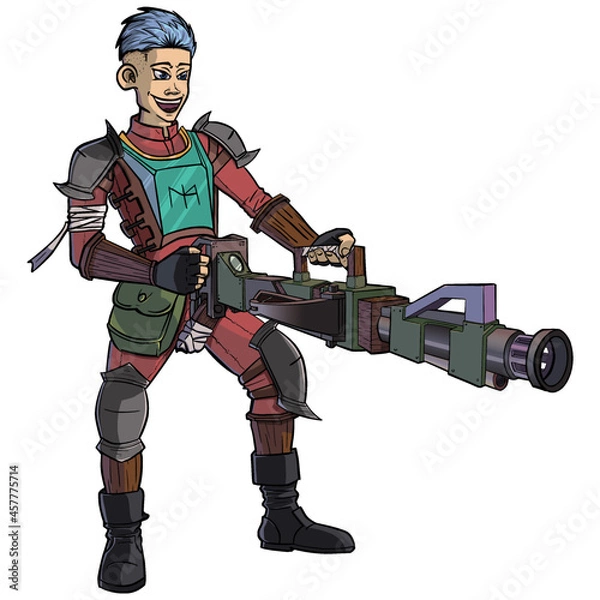 Fototapeta Vector illustration of a boy with his machine crossbow looks bored and happy to destroy everything.
