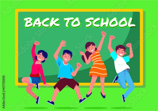 Fototapeta Social distancing at school after pandemic. Back to school concept after epidemic. Kids wearing face masks and maintaining safe distance. New normal scene for children.