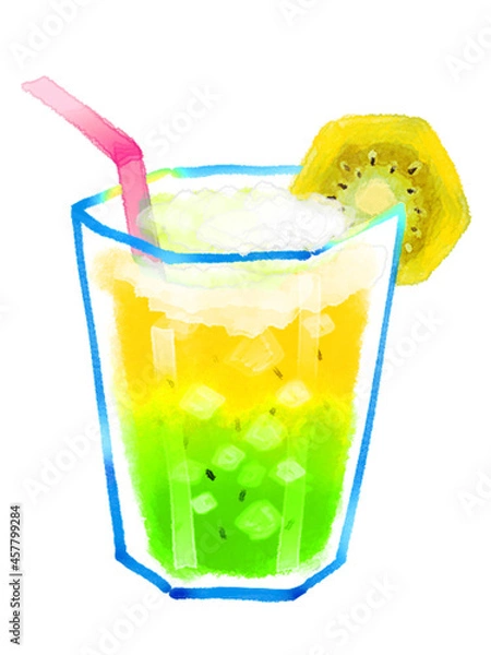 Fototapeta ゴールドキウイフルーツジュース　水彩イラスト　黄色と黄緑グラデーション