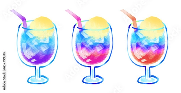 Fototapeta クリームソーダの水彩イラスト　色違いセット　グラデーション