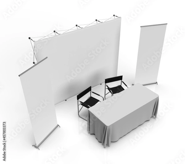 Fototapeta Exhibition Wall Banner Cloth Displays with two pull up banners, a table cloth runner over a trestle table & two directors chairs. 3D Rendered Illustration Perspective View for mockups & illustrations