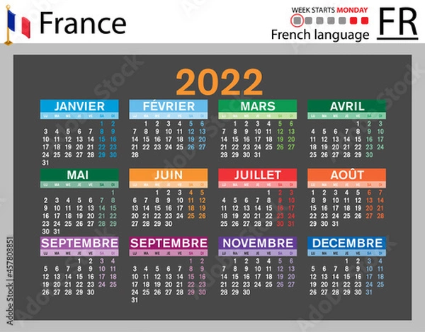Fototapeta French horizontal pocket calendar for 2022. Week starts Monday